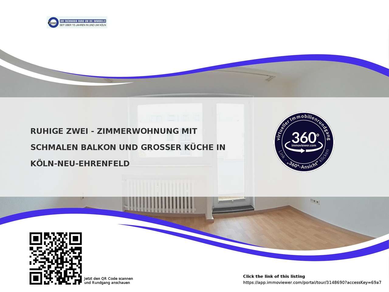 Ruhige Zwei - Zimmerwohnung mit schmalen Balkon und großer Küche in Köln-Neu-Ehrenfeld