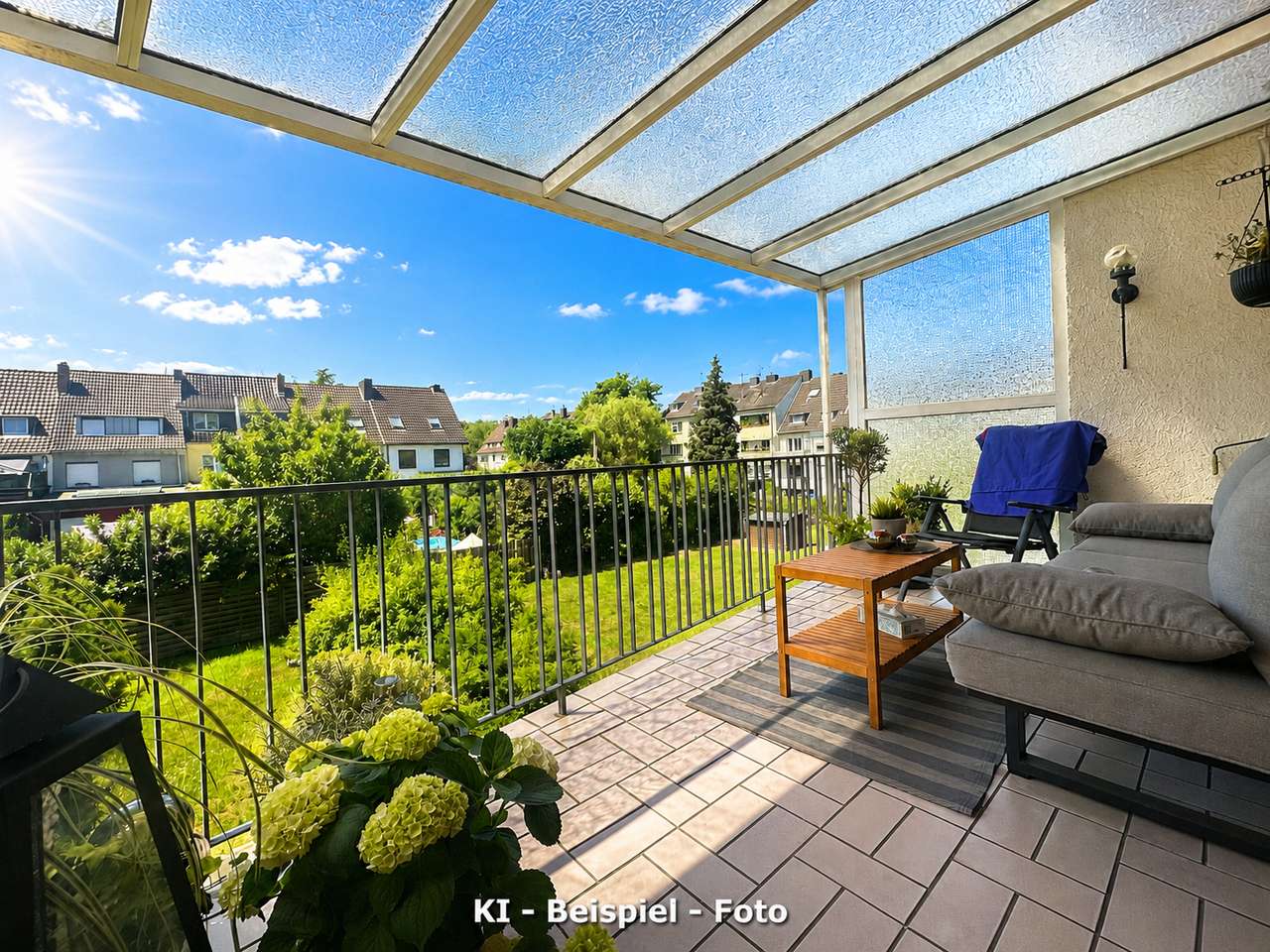 Lichtdurchfluteter Wohntraum mit Glasdach-Balkon und Gartenblick